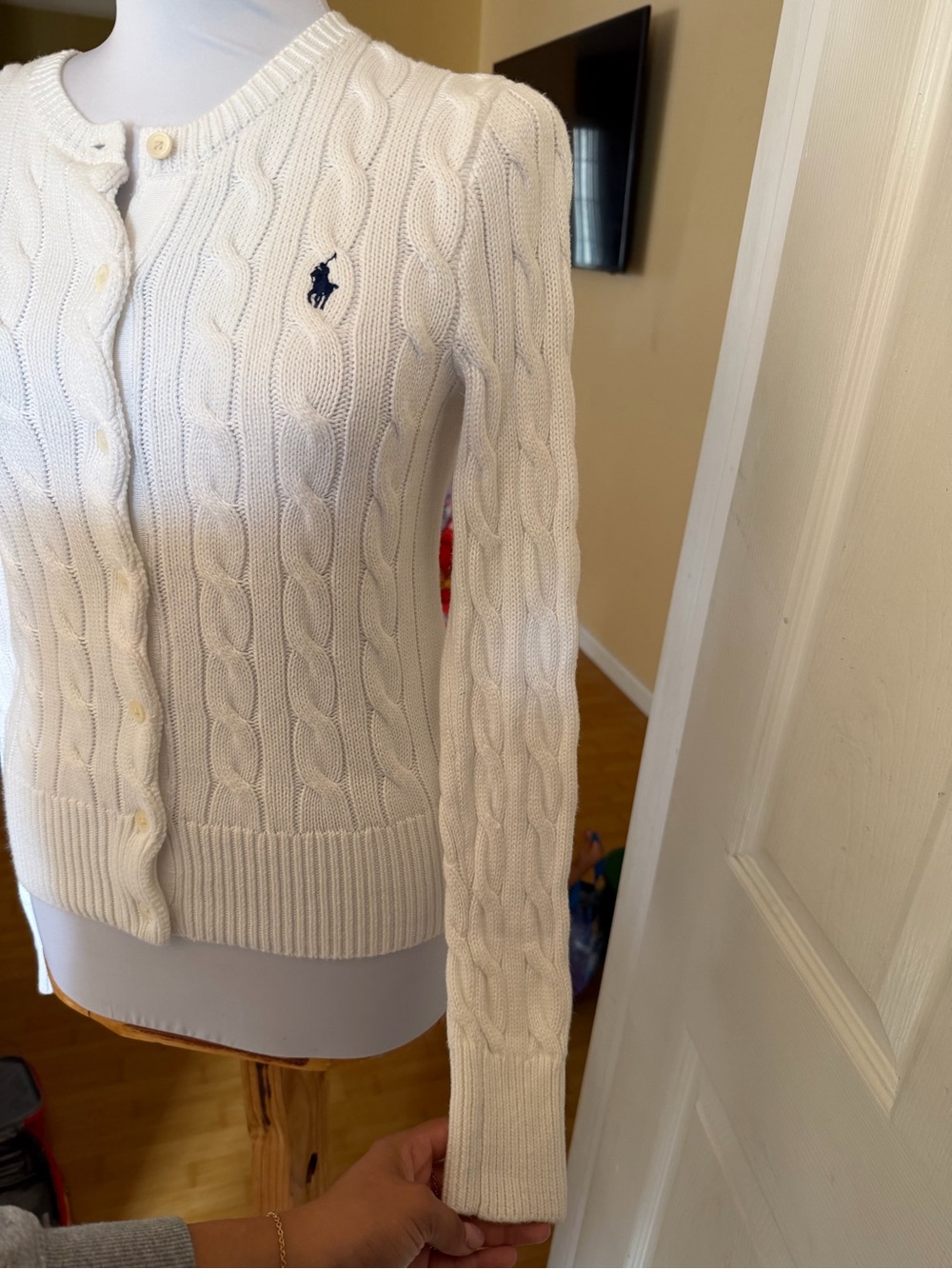 Ralph Lauren Cream Cable-Knit Button Cardigan with Navy Pony - Picture 6 of 8